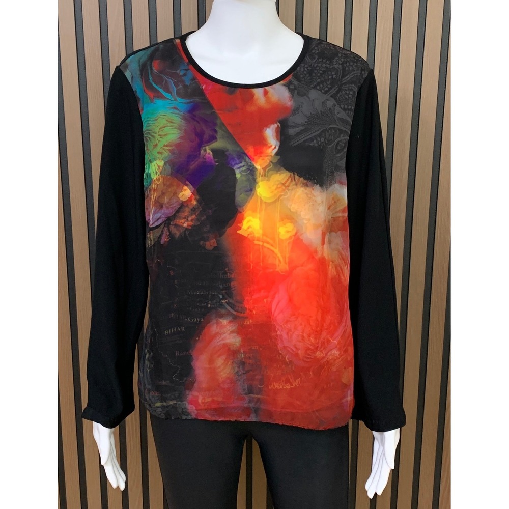 John Roberts Women's Art Wear Graphic Print Long Sleeve Top Black Multi Size L